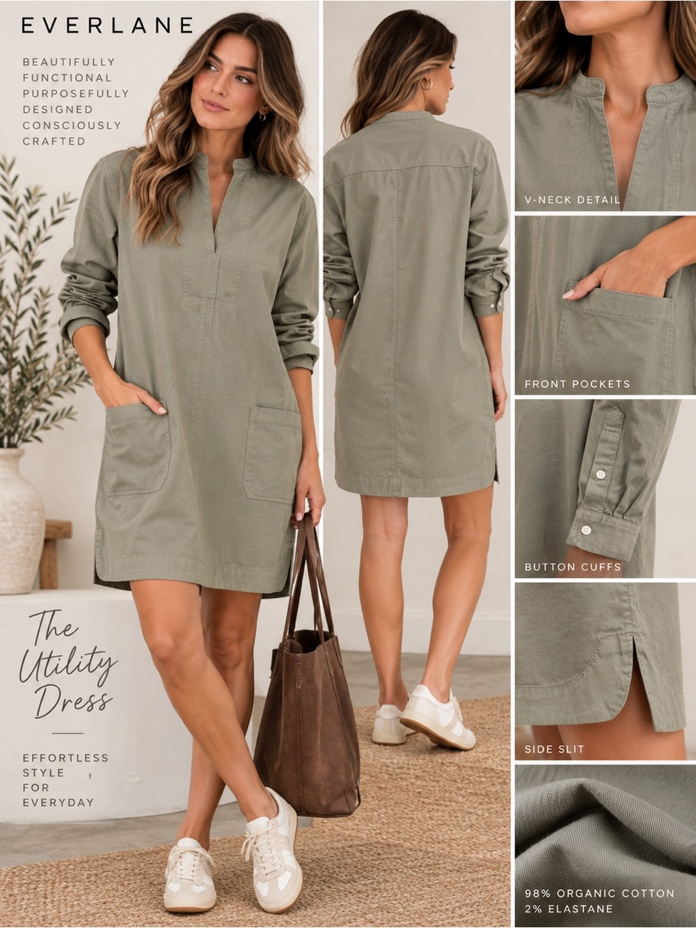 Everlane Utility Long Sleeve Organic Cotton Workwear Dress Gray Green Large NWT